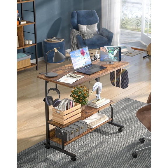 Height Adjustable Standing Desk with Power Outlets, 32" Manual Stand Up Desk with Storage Shelves Small Mobile Rolling Computer Desk Portable Laptop Table with Wheels for Home Office, Rustic