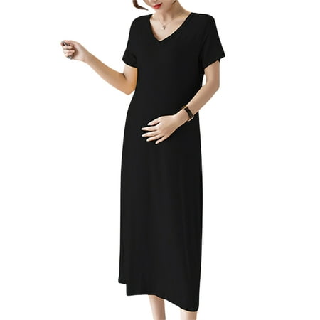 

TFFR Pregnant Woman Short Sleeve Dress V-Neck Solid Color Midi Dress Casual Maternity Dress