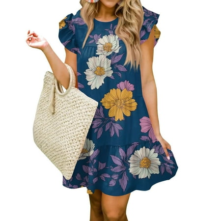 Milkmaid Dress Women  Smocked Babydoll Flower Casual Round Neck Ruffle Sleeve Flowy Short Tunic Dress Pink Sweater For Women Christening Dresses Baby Girl Lace Dresses Tennis (M  Dark Blue) ZMTing