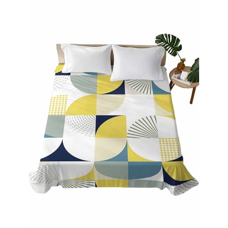 King Flat Sheet 105"x98", Yellow Geometric Soft Lightweight Bedding Flat Sheets Only, Middle Century Modern Abstract Art Brushed Microfiber Top Bed Sheet, Breathable StainResistant Bedsheets