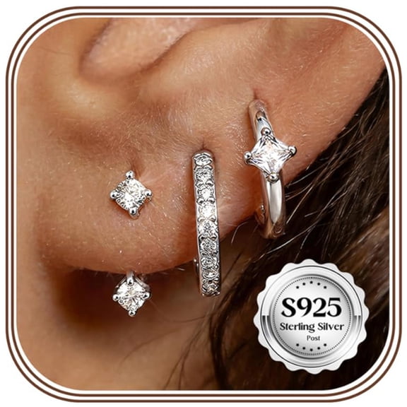 3 Pairs 925 Sterling Silver Earrings for Women,Small Hypoallergenic Huggie Hoop Earrings Sets for Multiple Piercing, CZ Cartilage Earrings Stacks Trendy Earrings for Sensitive Ears Jewelry Gifts