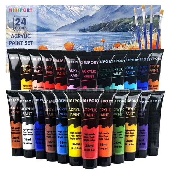 KINSPORY Acrylic Paints Set, 24 Colors*36ml Art Craft Paint, 4 Brushes, Premium Art Supplies Gifts for Artists Beginners on Canvas Wood Ceramic
