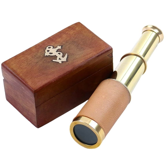 Mythrojan 9” Vintage Brass Spyglass Telescope with Acacia Wood Box – Handmade Pirate Decor Mini Telescope for Travellers, Adventurers & Adults Gift