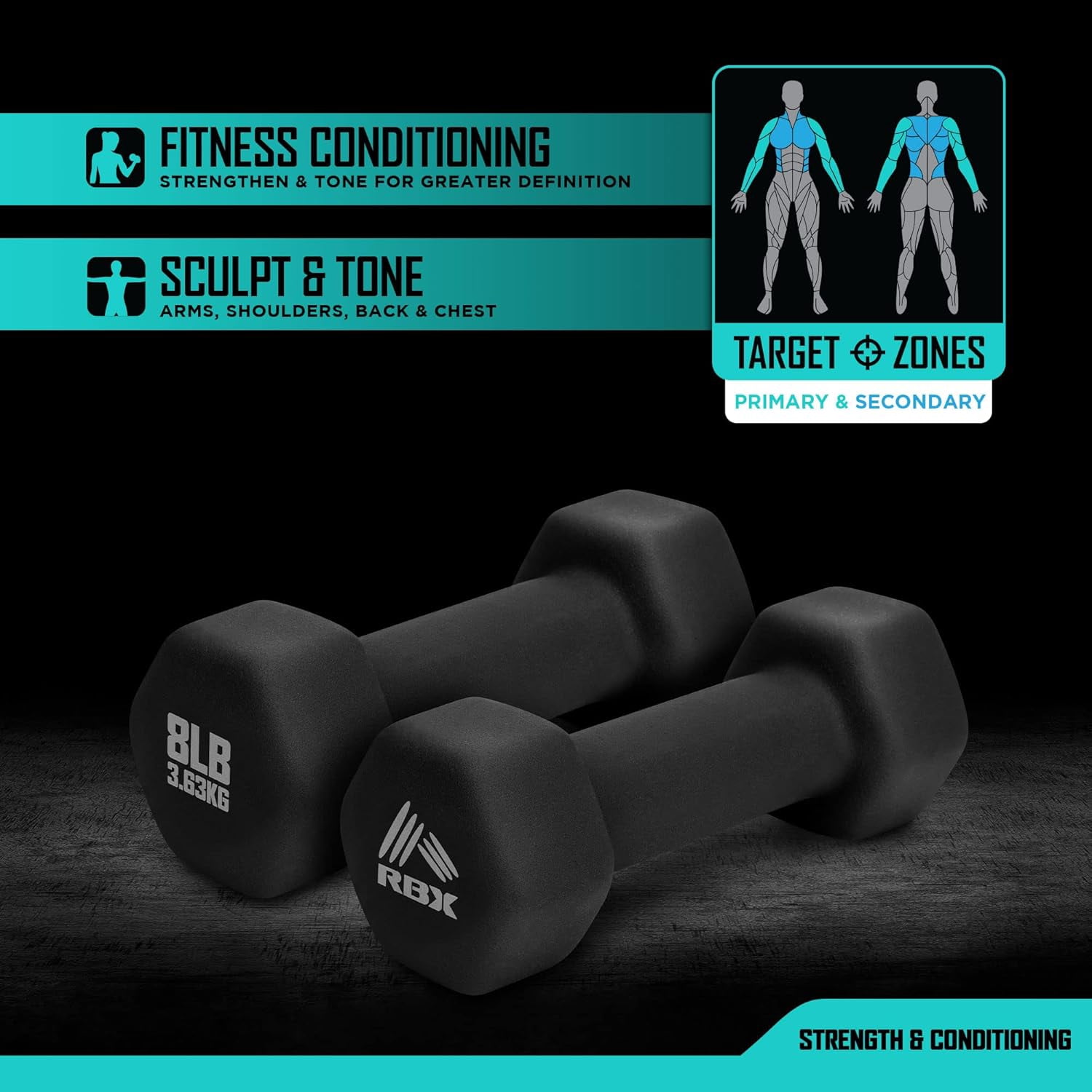 RBX Weights Dumbbells Set - Neoprene Arm Weights with Non-Slip Grip, Training, Workout, Fitness, 8lb