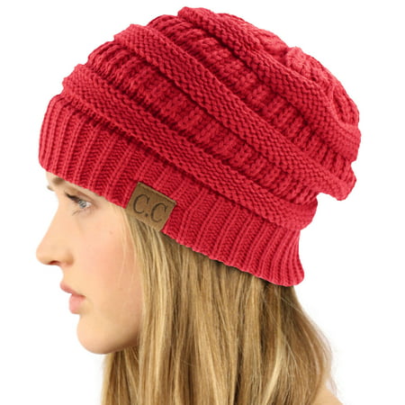 CC Classic Winter Fall Trendy Chunky Stretchy Cable Knit Beanie Hat (Solid Hot Pink)