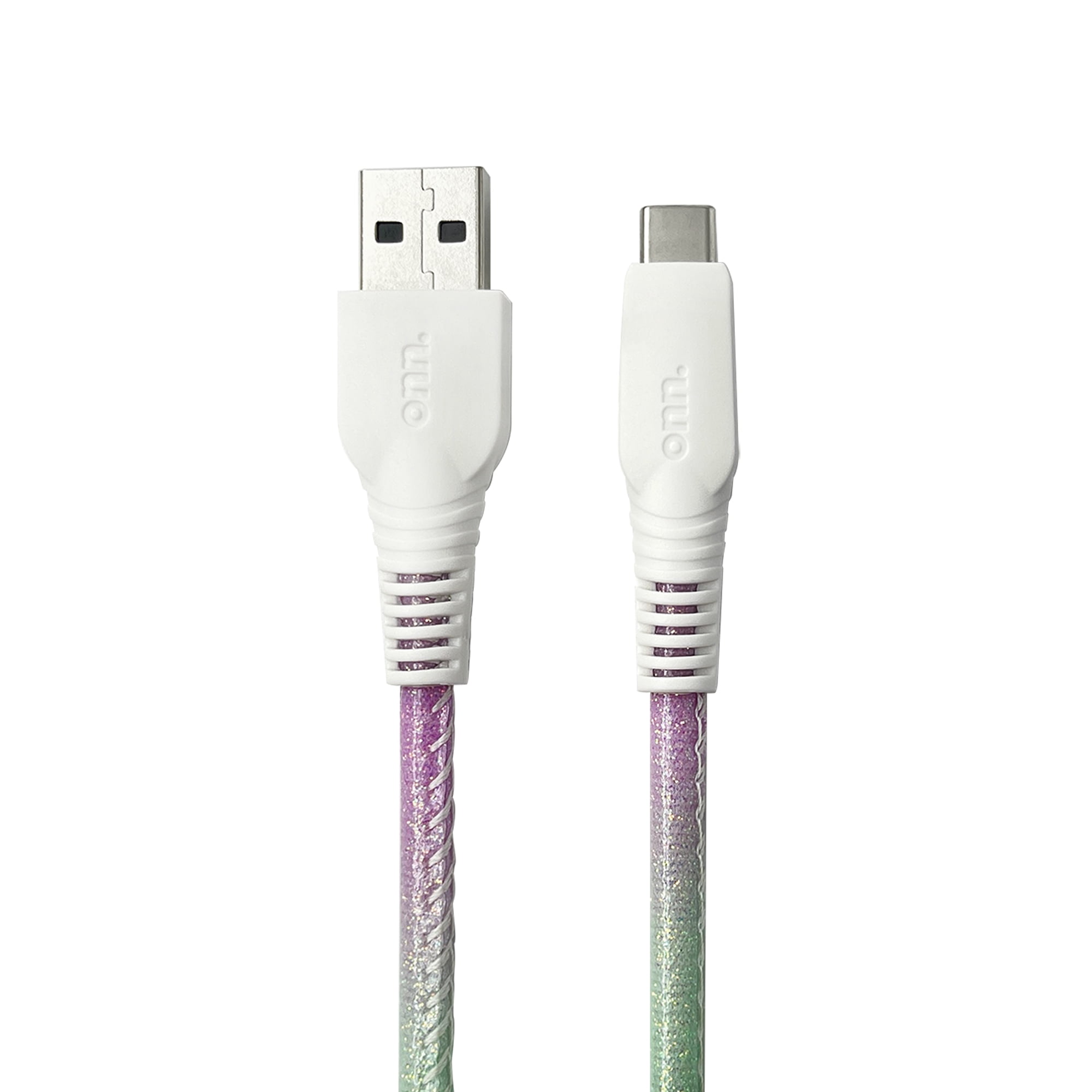 onn. USB to USB-C Glitter Cable, 6' Cord, Purple & Mint
