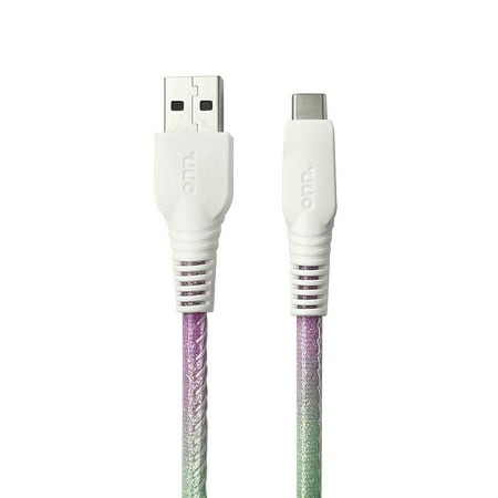 onn. USB To USB-C Glitter Cable, Purple & Mint, 6'