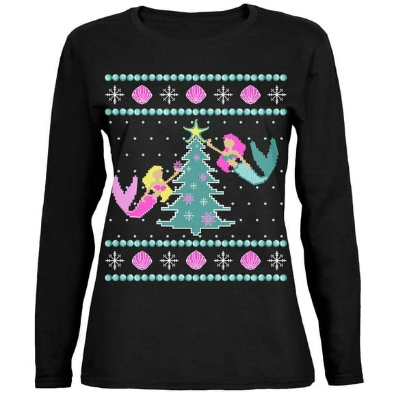Mermaid Tree Ugly Christmas Sweater Womens Relaxed Jersey Long Sleeve T Shirt with Santa Hat