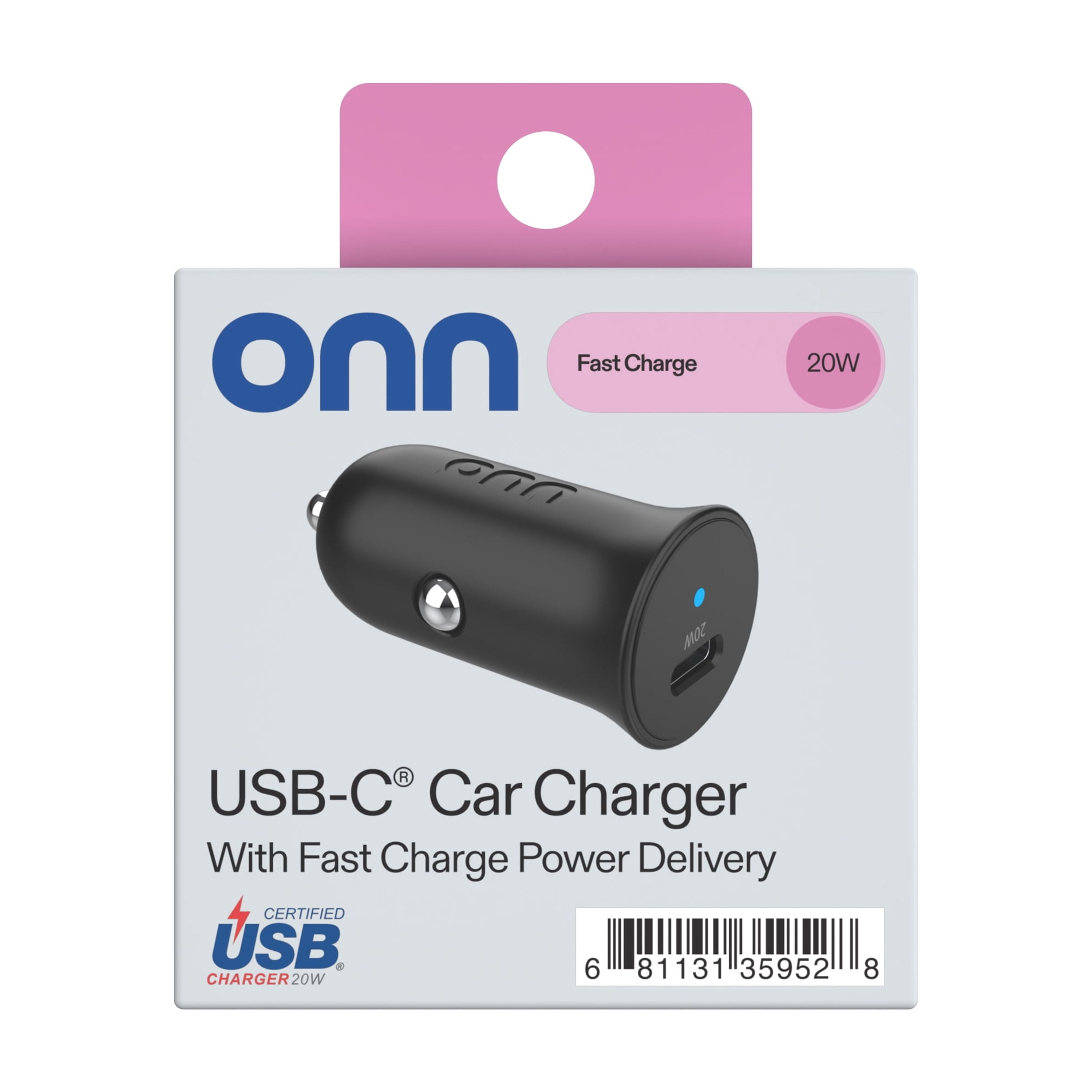 (2 pack) onn 20W USB-C Car Charger, Fast Charging, USB-IF Certified, Foldable Plug, White, Compatible with iPhone & Android