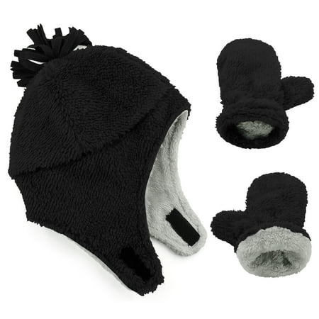 

American Trends Baby Toddler Winter Hat and Glove Set Sherpa Lined Warm Fleece Earflap Beanie Hat Toddler Kids Winter Hat for Boys Girls Fuzzy Black 2-4T