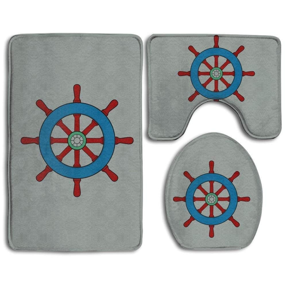 PUDMAD Nautical Helm Grey 3 Piece Bathroom Rugs Set Bath Rug Contour