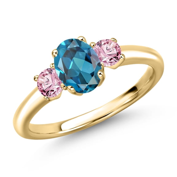 Gem Stone King 10K Yellow Gold London Blue Topaz and Pink Lab Grown Diamond Engagement Ring for Women | 1.36 Cttw | Oval 7X5MM | Gemstone November Birthstone | Size 6