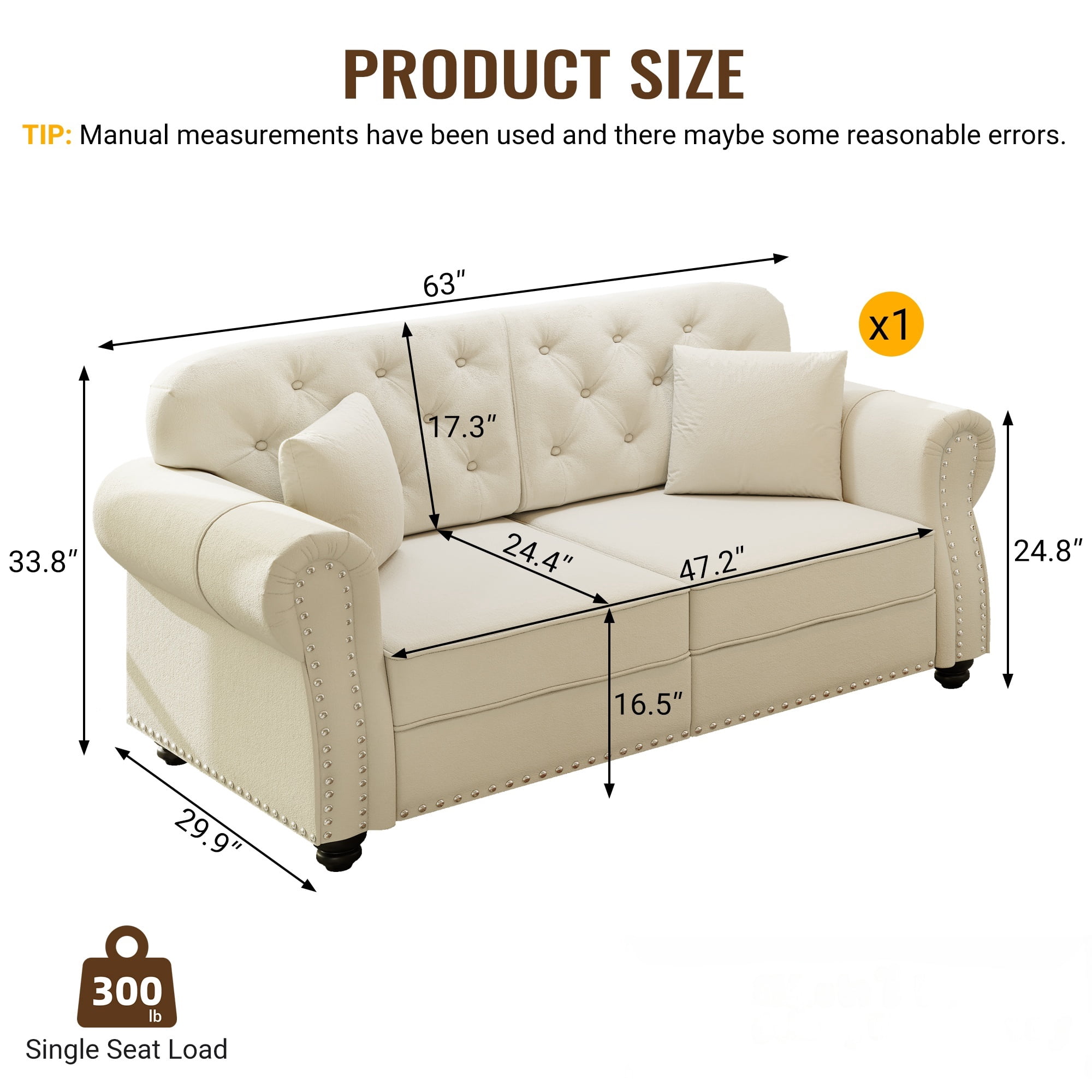 1PCS Upholstered Velvet Couch with Nailhead Trim, Mid-Century Modern Button Tufted Chesterfield Loveseat Sofa with 2 Pillows