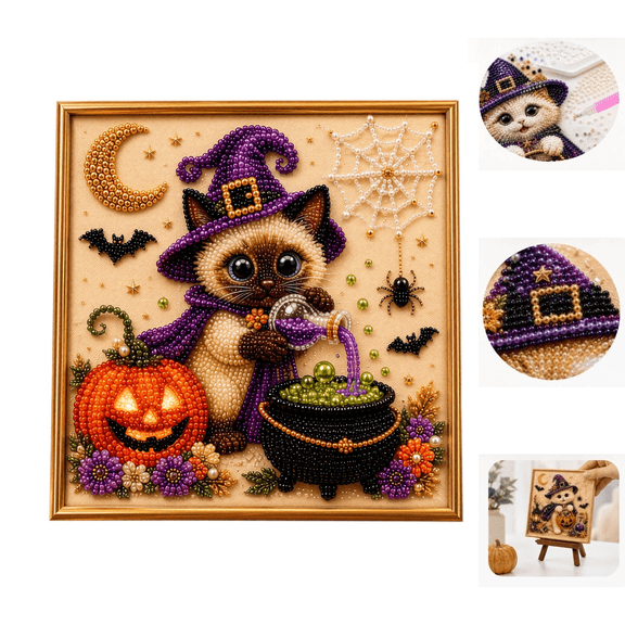 Spooky Cute Halloween Ghost Pearl Art DIY Kit, 3D diamond art kits for adults beginner, Ghost Companion Witch Cat Painting, Full All-Inclusive Supply, Farmhouse Halloween Decor Craft Gifts E