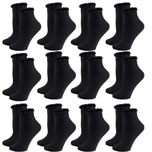 12 Pairs Women’s Cotton Crew Socks – Super Soft Turn-Cuff Ruffle Frilly Design (fit US 6-9)