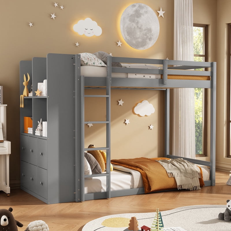 Twin-Over-Twin Size Teens Storage Bunk Bed with Drawers & Shelves, Kids Bed Frame with Built-In Ladder & LED Light Strip