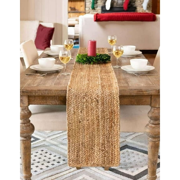 Indian Handmade Beige Jute Table Runner Rug – 13 x 36 – Indian Handwoven Dining Table Décor, Kitchen, Coffee Table – Bohemian Farmhouse Decor
