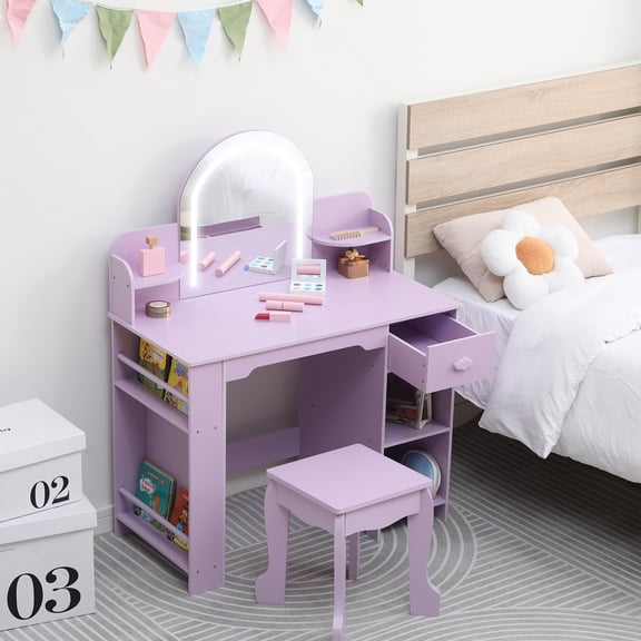 Kids Vanity with Lighted Mirror, 2 in 1 Little Girls Vanity Table & Stool, Kids Makeup with Bookshelf,Drawer & Open Shelves for 3-9 Yrs Girls, Purple