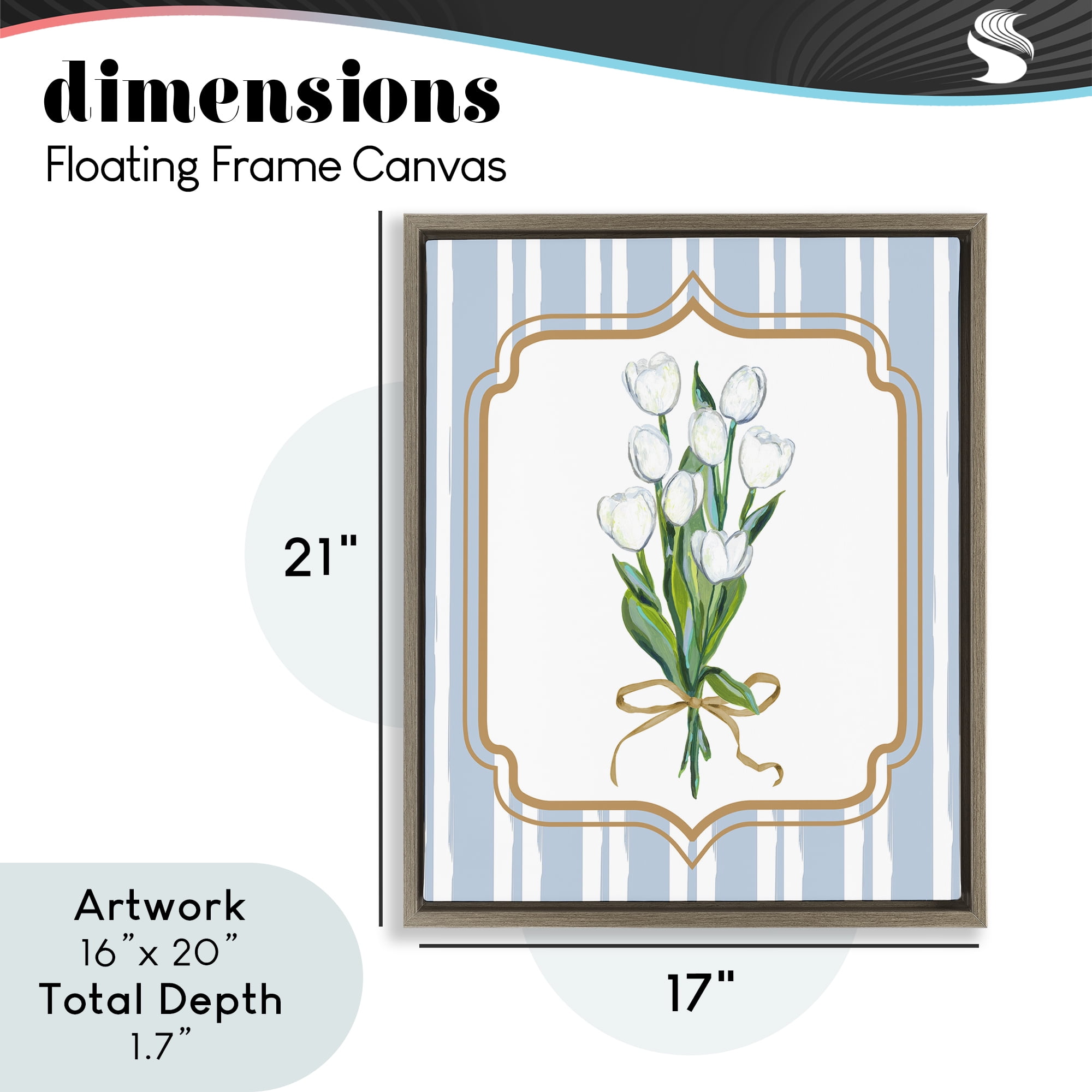 White Tulip Bouquet & Stripes Brown Framed Floater Canvas Wall Art, design by Adonna Ebrahimi