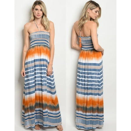 Smocked Dress - JED FASHION Women's Halter Smocked Printed Maxi Dress