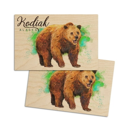 

Kodiak Alaska Grizzly Bear Watercolor (4x6 Birch Wood Postcards 2-Pack Stationary Rustic Home Wall Decor)