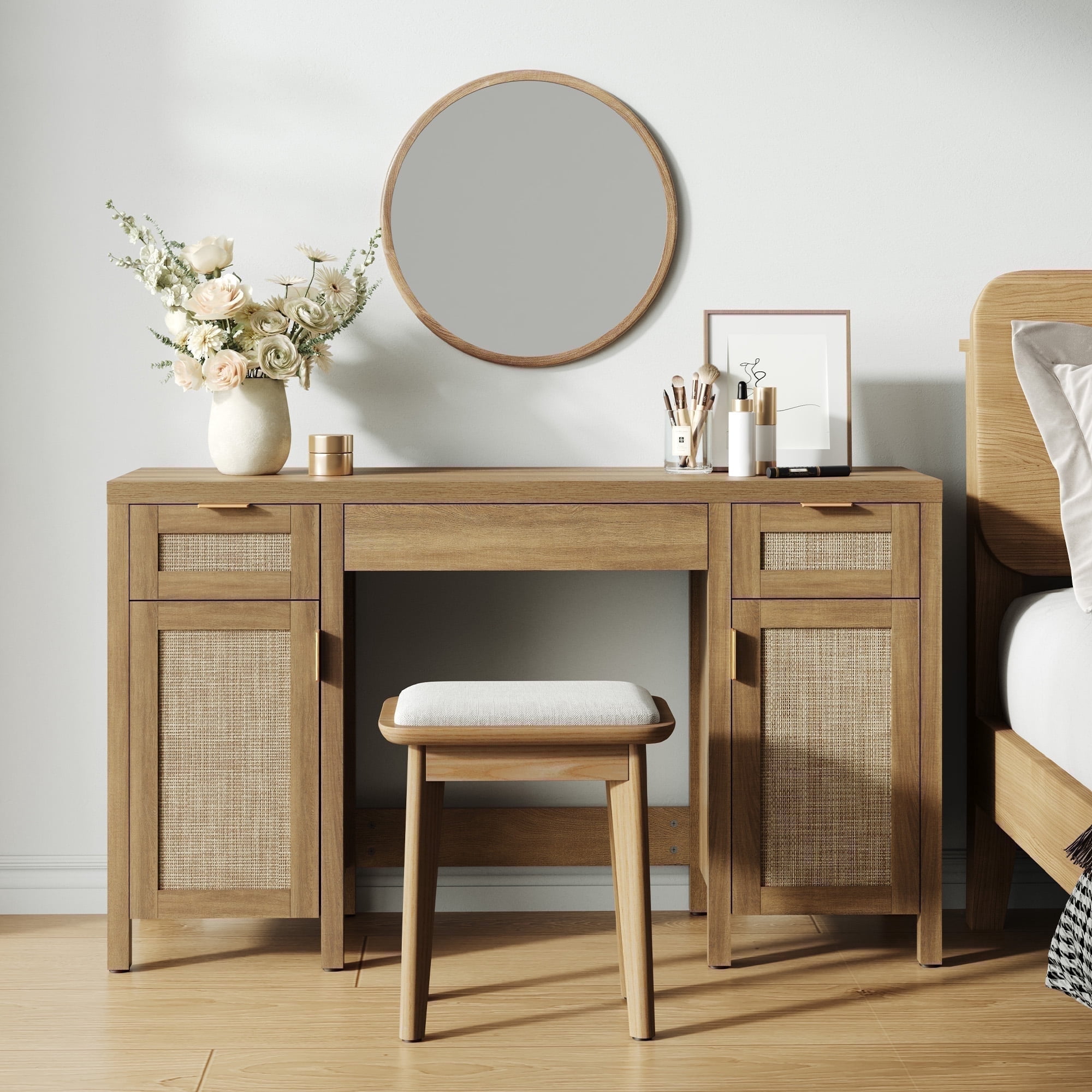 SICOTAS 52" Rattan Computer Desk with 3 Drawers & 2 Storage Cabinets, Boho Executive Desk, Modern Writing Desk for Home Office Bedroom, Oak