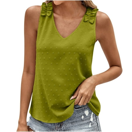 Women s V Neck Tank Tops Swiss Dot Slim Fit Babydoll Summer Sleeveless Solid Color Lace Patchwork Tees Green L
