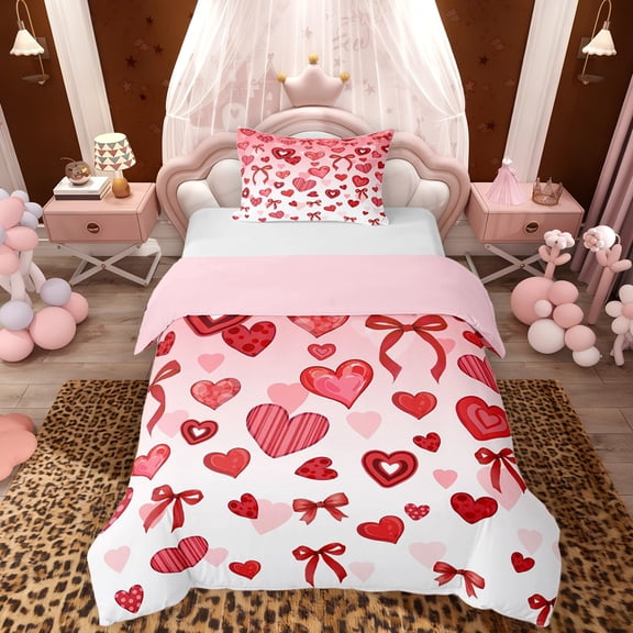Erosebridal Cartoon Heart Bowknot Twin Bedding, Red White Pink Duvet Cover Set, Pink Reversible, 1 Duvet Cover and 1 Pillowcase (No Comforter)