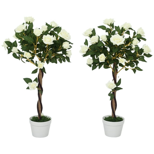 Outsunny Ensemble de 2 Roses Artificielles avec Fleurs Réalistes, Blanc