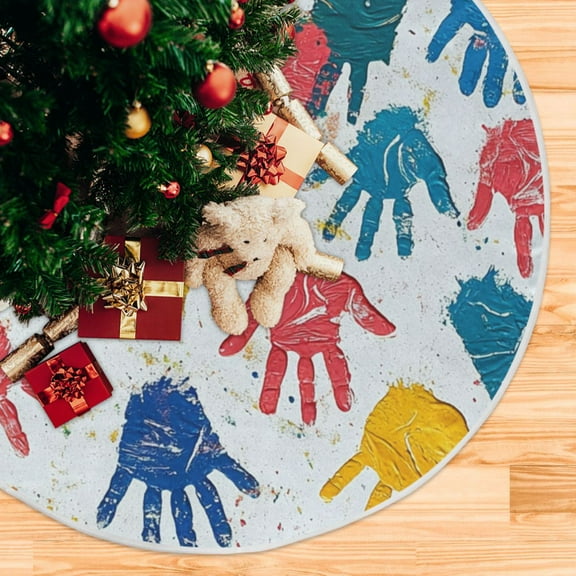 Colorful Handprints Christmas Tree Skirt Stand Mat Waterproof Floor Protection Mat for Holiday Decoration