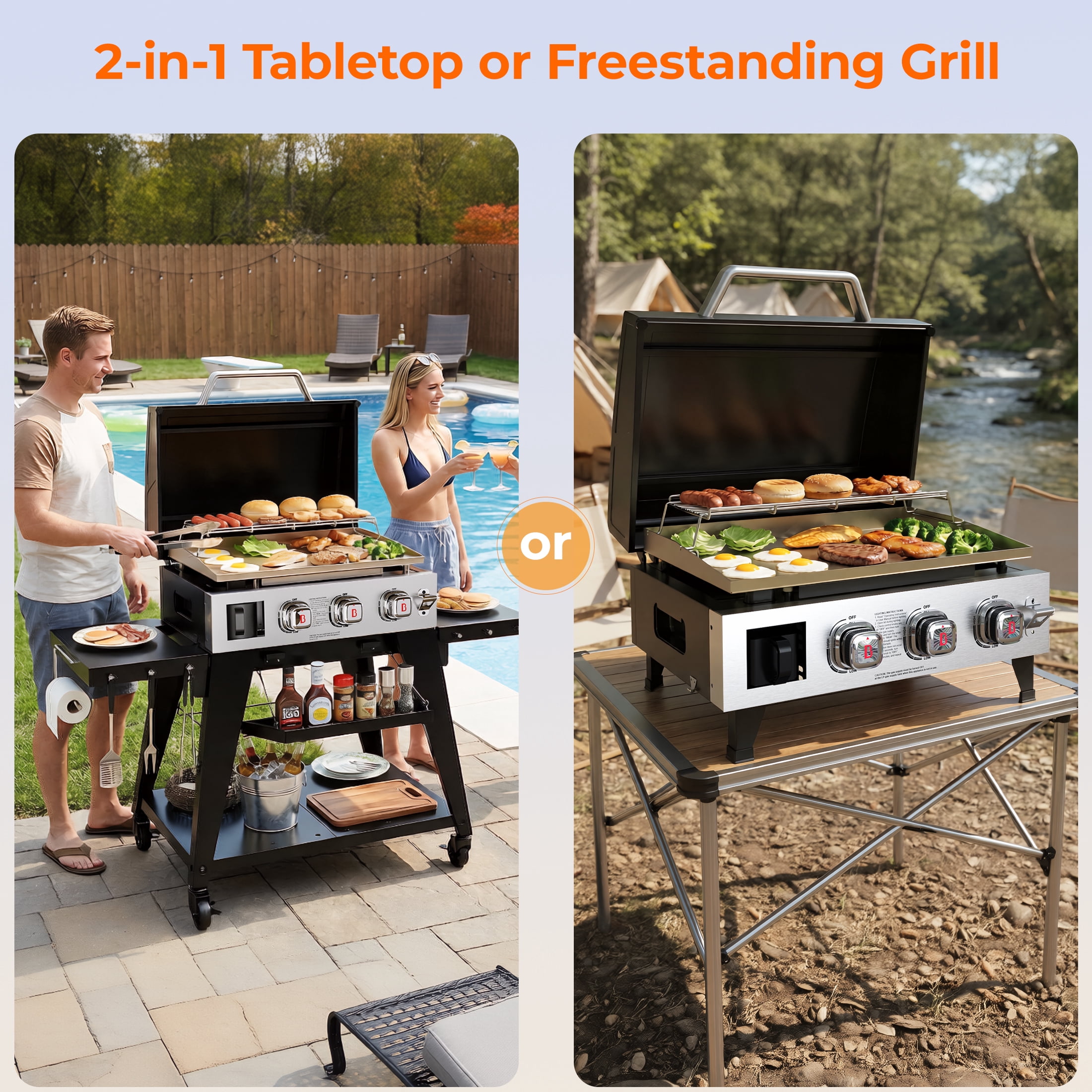 Fintex Adventure Ready Outdoor Griddle, 3-Burner Propane Flat Top Grill with Stand, 504 Sq. In，Black