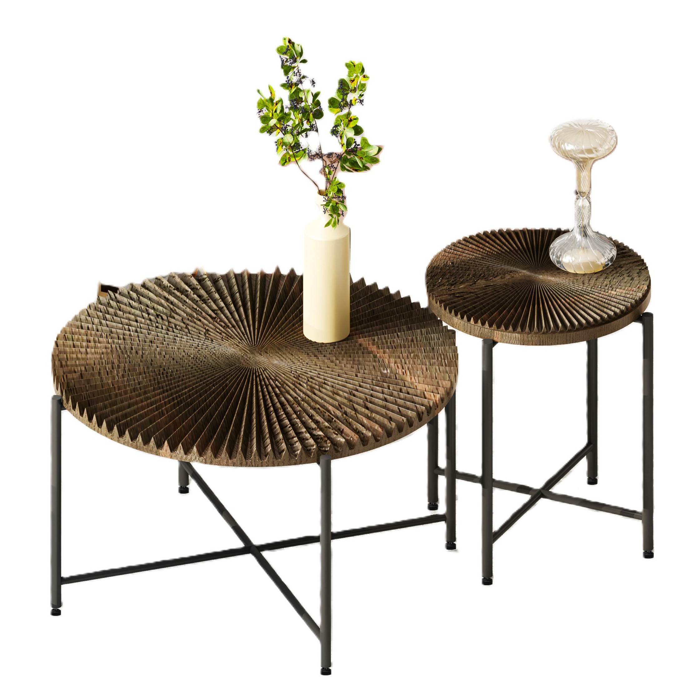 GDF Studio 2-Piece Rustic Coffee and End Table Set, Radial Pattern Tabletops, Black Metal Legs, Walnut Brown