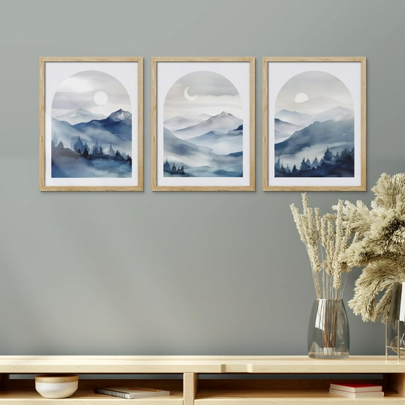 PixonSign Framed Canvas Print Wall Art Set - Moonlit Peaks Blue Tones Mountain Range Posters - Set of 3 Boho Pastel Nature Wilderness Wall Décor for Living Room, Bedroom, Office - 12"x16" Natural