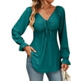 thumbnail image 4 of Hibeli Women Drawstring V Neck Ruffle Long Sleeve Tunic Jacquard Solid Color Top, 4 of 7