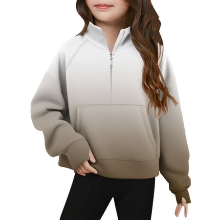 Hinvhai Tie-dyed Half Zip Pullover Girl Thumb Hole Cropped Hoodie Raglan Quarter Zipped Sweatshirt with Pockets Brown 9 Years