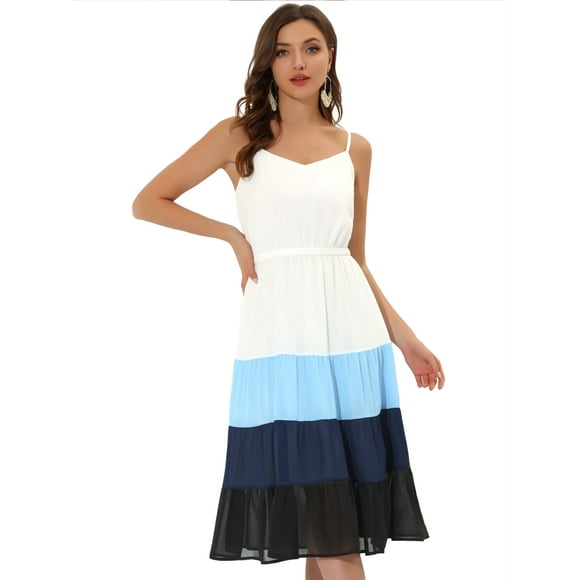 Women's Summer Spaghetti Strap Dress V Neck Flowy Swing Chiffon Midi Dress White Blue XS