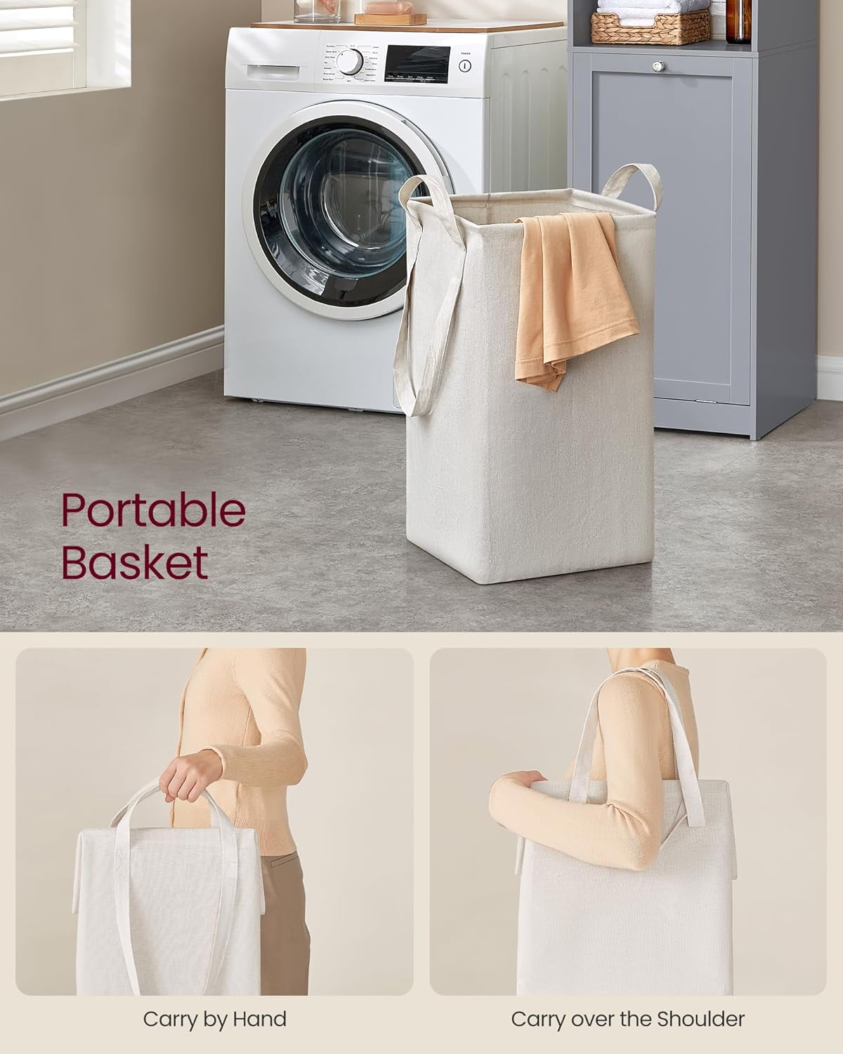 Tall Bathroom Cabinet with Laundry Basket, Removable Laundry Basket with Handles, Compartment with Door, Linen Tower, 15.8 x 15.8 x 66.9 Inchees, Dove Gray