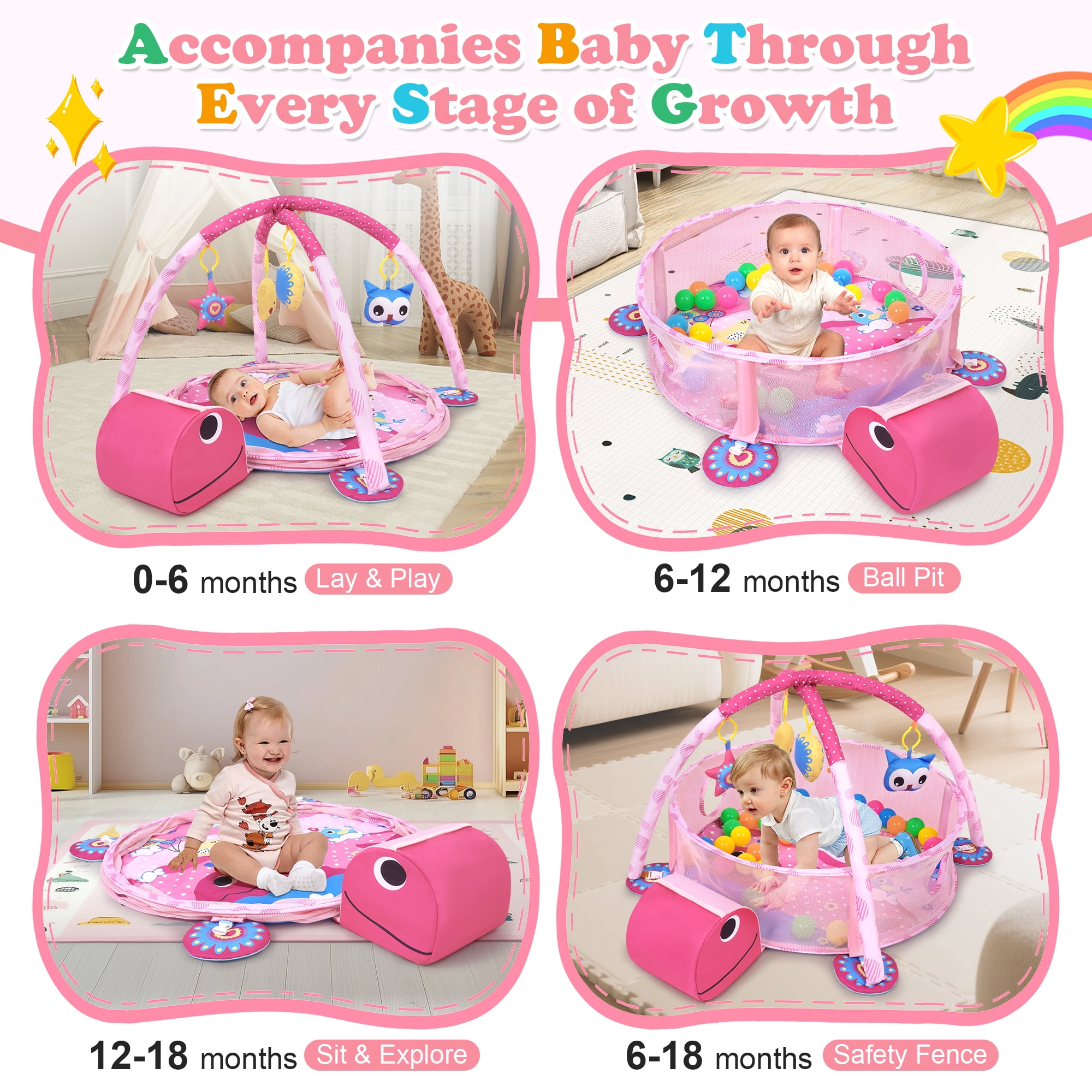 Babyeap 3-in-1 Baby Gym and Play Mat, Baby Activity with Ocean Ball Sensory Toys Gifts, 0-36 Months