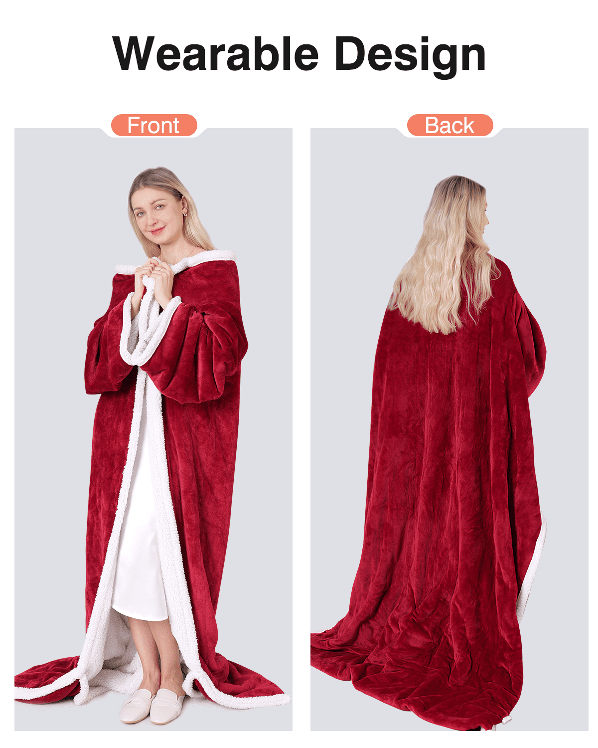 Ocuuziisu Wearable Heated Throw Blanket with Pockets, 50" x 70" Flannel and Sherpa Electric Wrap Poncho Shawl, 4-Hour Auto Shut Off, Machine Washable, Red