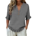 thumbnail image 3 of Bainana Womens T Shirts Classic Button Down Collar Solid Color Half Sleeve Casual Basic Top Stylish Loose Fit Female Work Daily Wear Grey Size S, 3 of 7