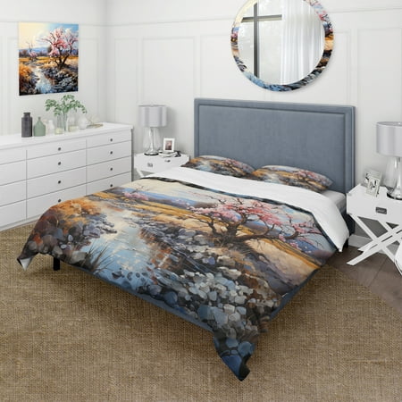 Designart "Post-Impressionist Almond Bloom II" Vangogh Bedding Covert Set - Landscapes Pink Traditional Bed Set With 2 Shams
