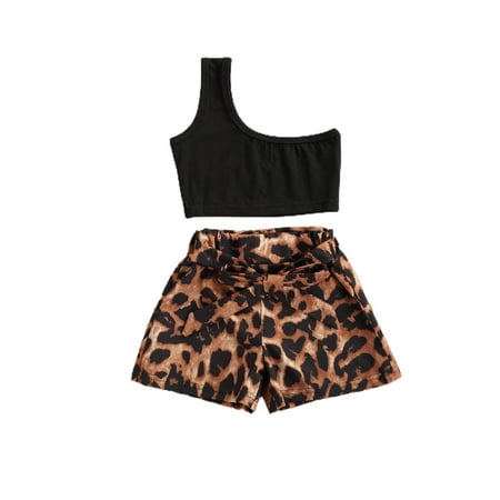 

Bagilaanoe 2pcs Toddler Baby Girl Short Pants Set One Shoulde Cropped Tops + Leopard Shorts 12M 18M 24M 3T 4T 5T Kids Casual Outfits