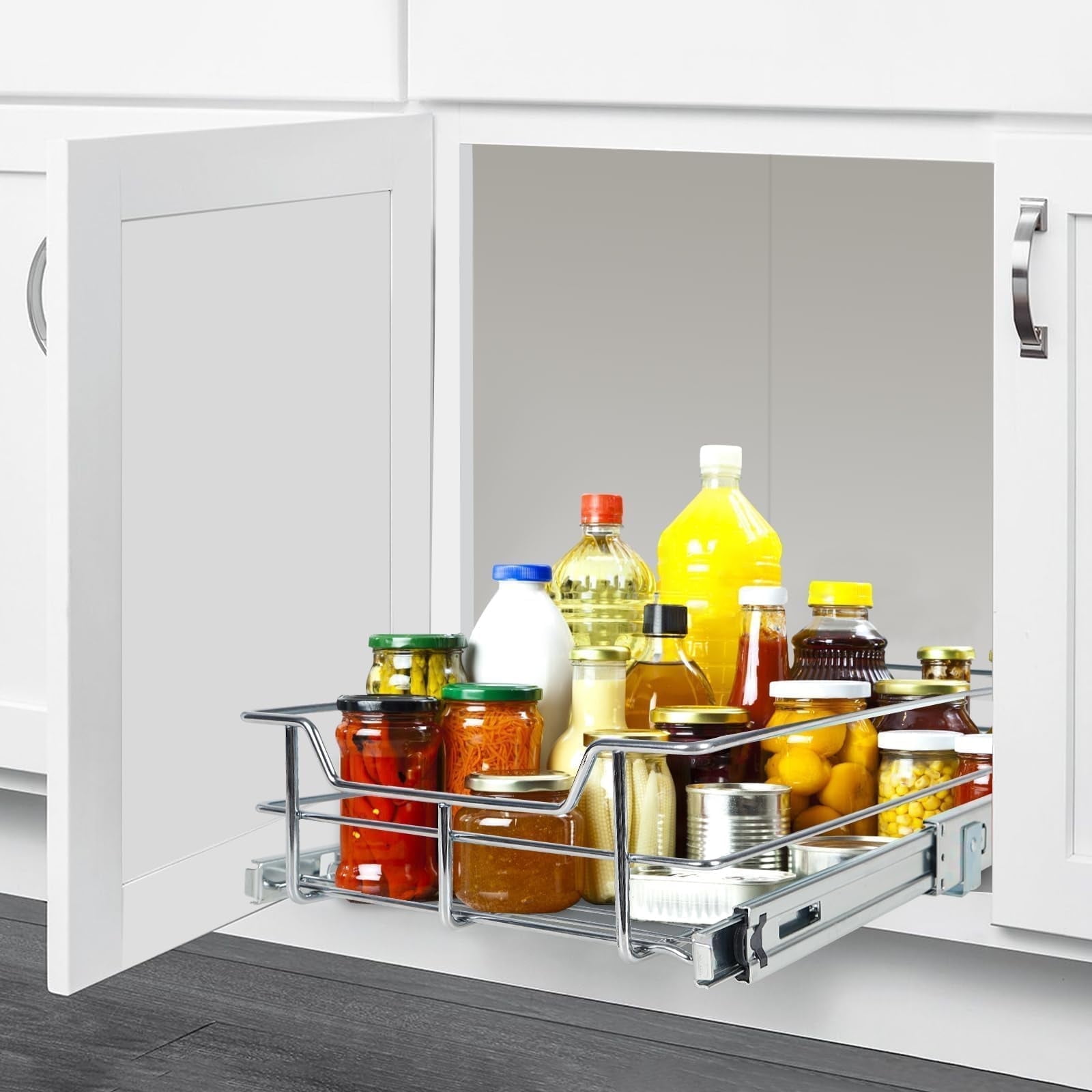 Storking Pull Out Cabinet Organizer 20" W X 22" D, Slide Out Drawers for Kitchen Organizers and Storage, Capacity Heavy Duty Caddy, Shelves Chrome-Plated, Pantry