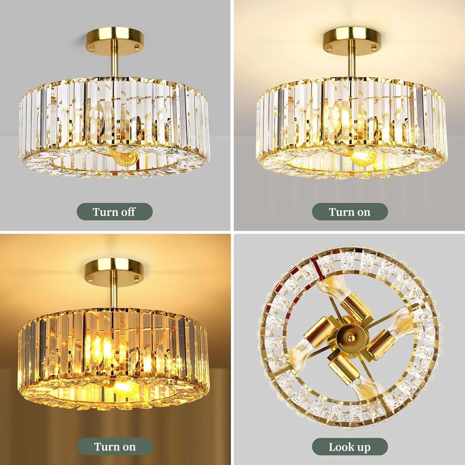 FRIDEKO HOME 14.5" Crystal Semi Flush Mount Ceiling Light Fixture, Modern Gold Drum Chandelier for Living Room Bedroom Kitchen Hallway Entryway, E26 Base, 4-Light (Bulbs not included)