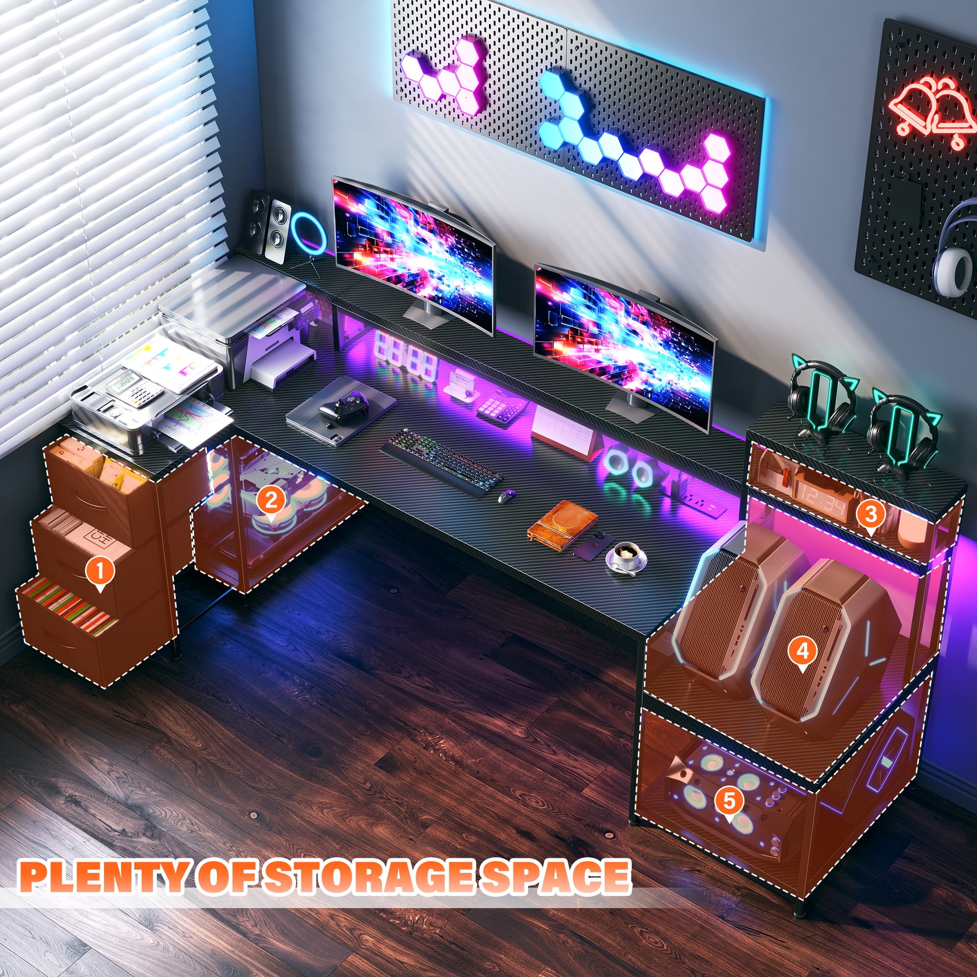 Enhomee 70.9" L Shaped Gaming Desk, Computer Desk with Power Outlet & LED Light, Home Office Desks with Drawers, Black