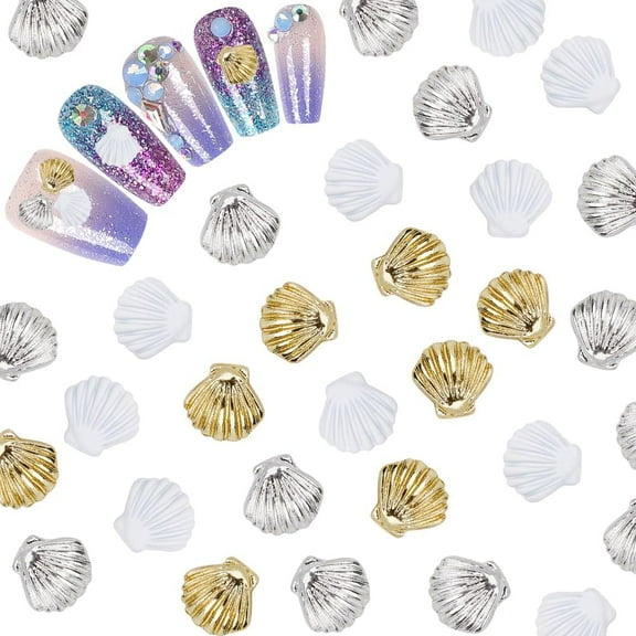 48Pcs/Box Sea Shell Nail Charms 3D 3 Colors Summer Ocean Luxury Seashell Gold Silver White Nail Gems Metal Alloy Flat Punk Studs Decor for Women Nail Art DIY Craft Jewelry Decor Accessories