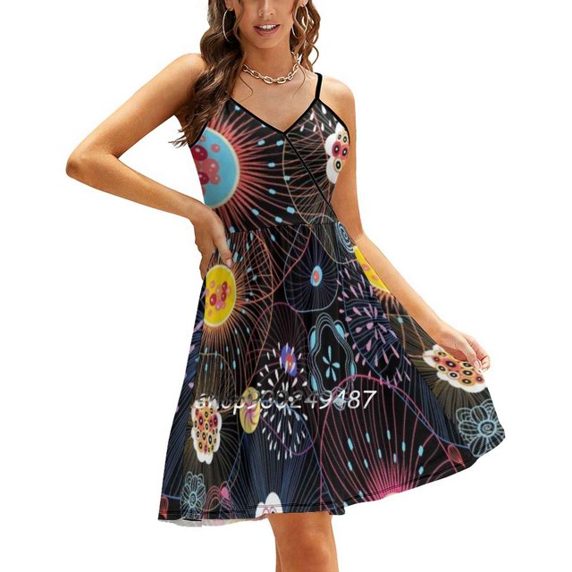 Bright Abstract Fantasy Pattern Square Neck Dress New Plus Size Elegant Women Waist Tight Dress Beautiful Abstract Pattern