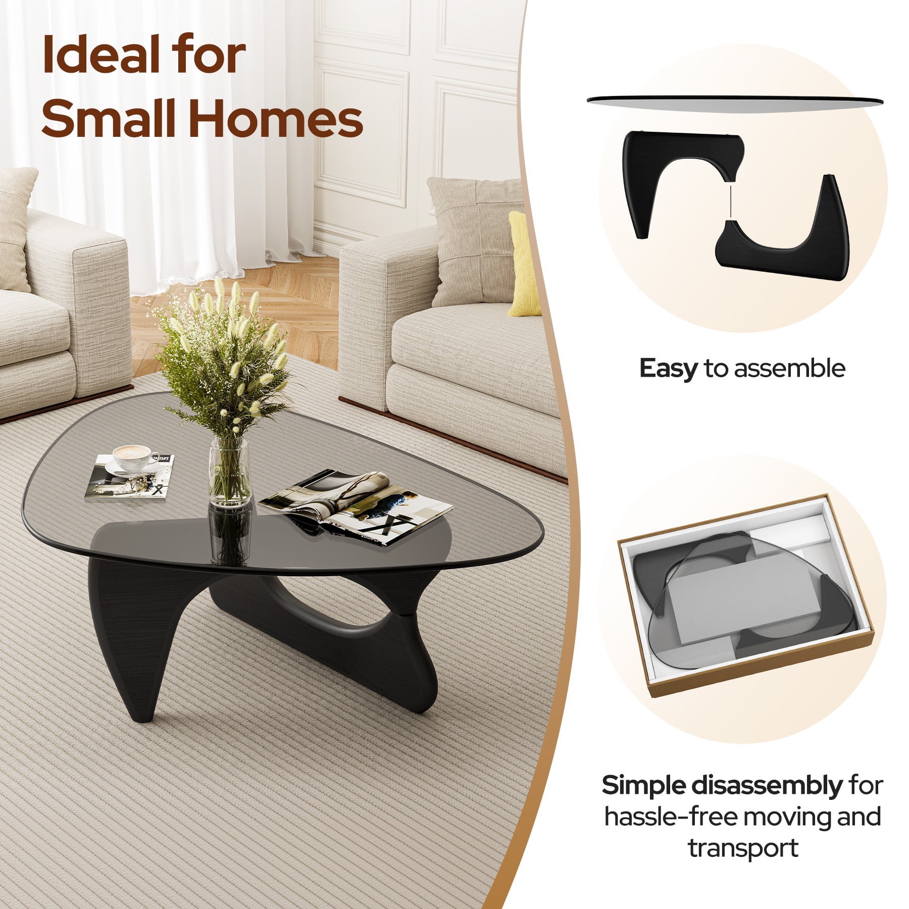 43" Mid Century Glass Coffee Table with Wood Base for Living Room Bedroom Office, Black + Grey Glass