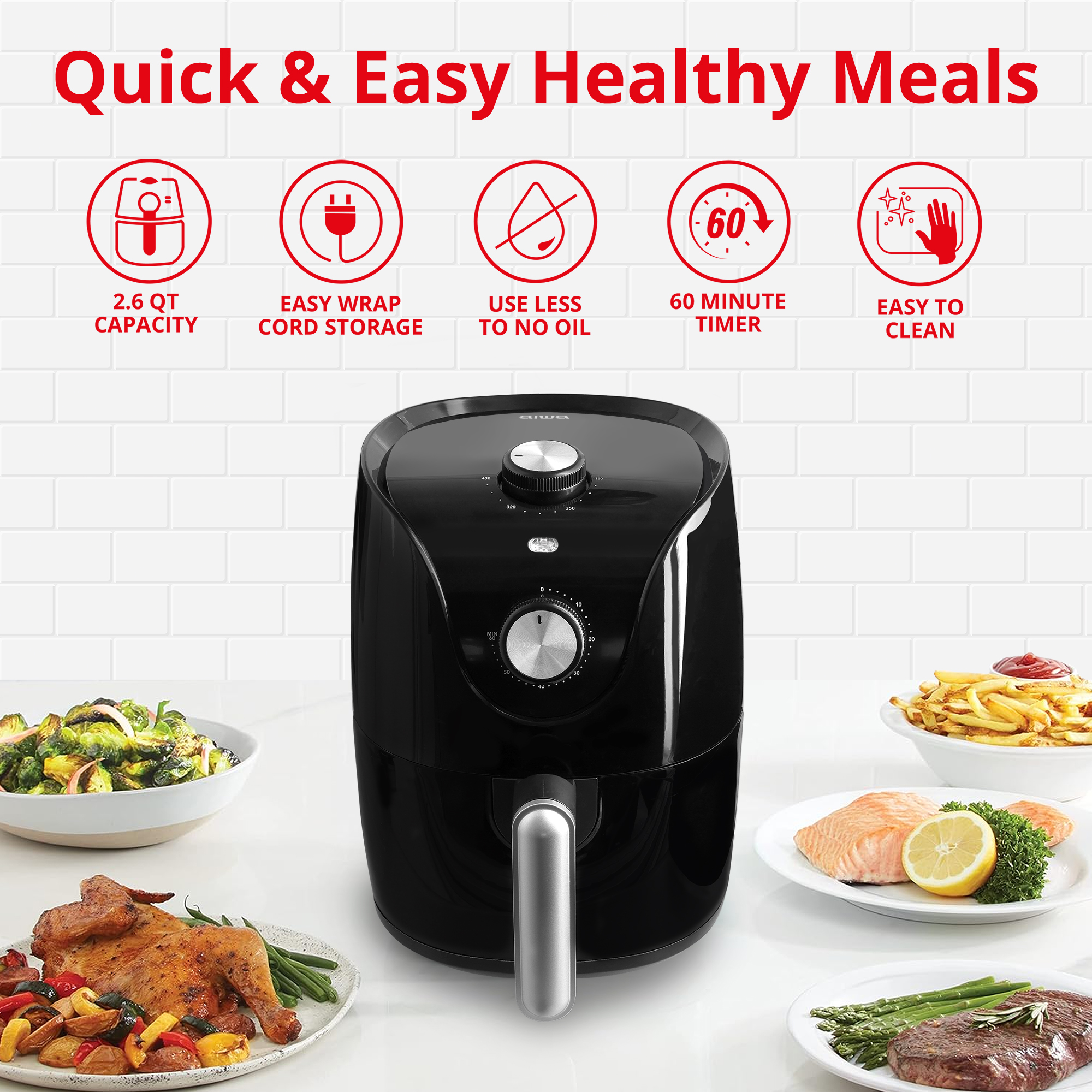 Aiwa 1200W 2.6 Quart Compact Air Fryer with 360 degree Convection Heating & 60 minute timer, Black