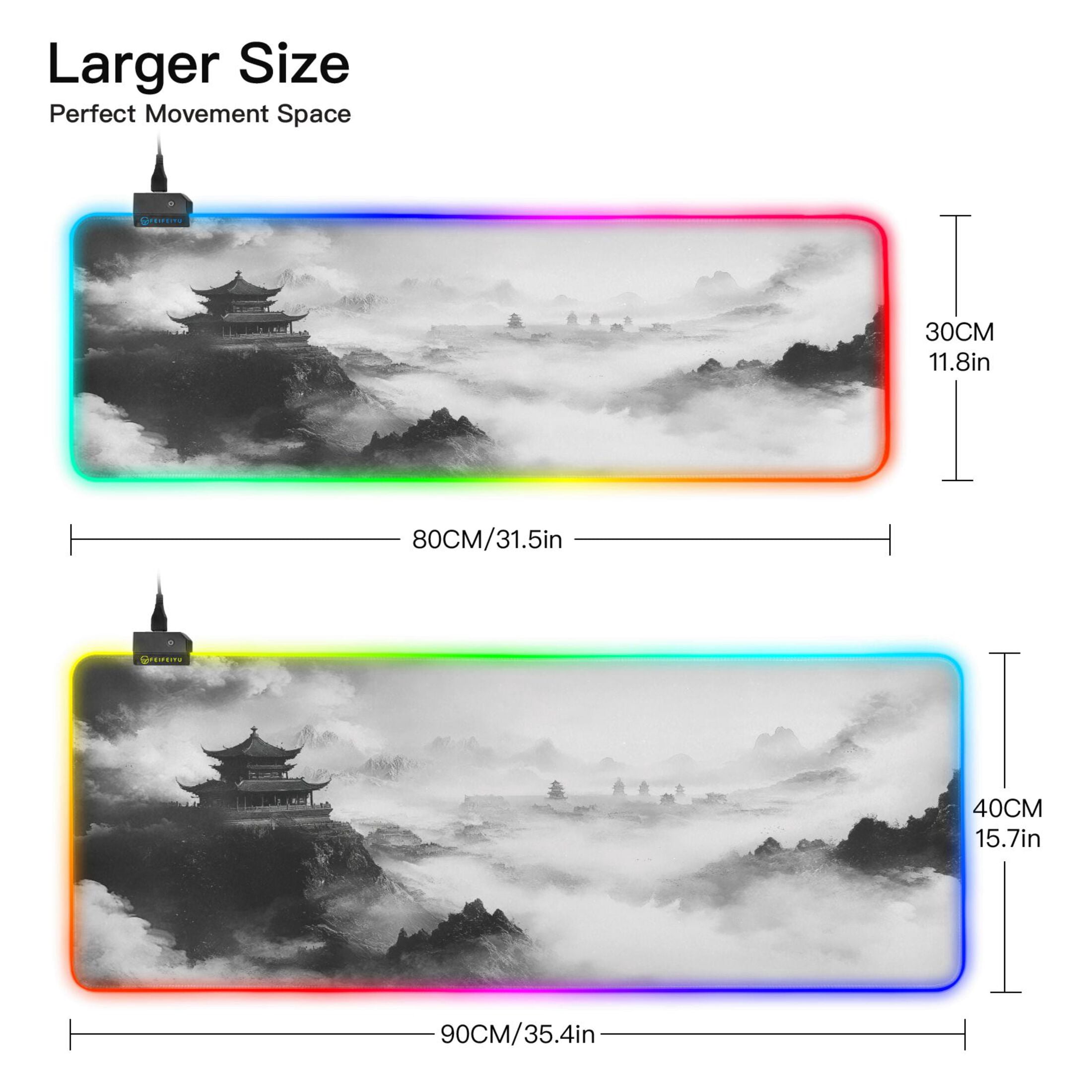 Large RGB Gaming Mouse Pad Led Glowing Mousepad Non-Slip Rubber Base 13 Light Modes 35.4x15.7 Traditional Chinese Ink Landscape